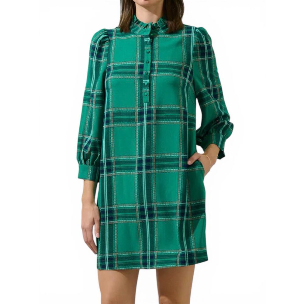 Sugarlips Woodland Jade Plaid Lorna Shift Mini Dress, Women's Size XL
